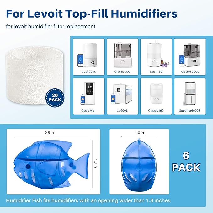 Top Fill Humidifier Filter Replacement for LEVOIT Classic160, Dual150, Dual200S, Classic300(S), LV600S, OasisMist 450S, Superior6000S Series Humidifiers to improve Humidification- 20 Filters + 6 Fishs - Image 2