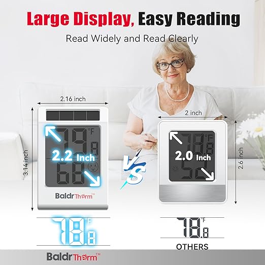 BaldrTherm 2.2'' Digital Thermometer and Hygrometer Meter, Solar-Powered Indoor Temperature Sensor Humidity Monitor, Humidity Gauge for Baby Rooms, Bedrooms, Home, Office, and Wine Cellars, 1Pack - Image 4