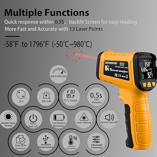 Infrared Thermometer Temperature Gun, 50:1 Dual-Mode Temp Gun -58°F to 1796°F with K-Type Thermocouple for Internal Readings, for Kilns, Industrial, and HVAC Applications - Image 5