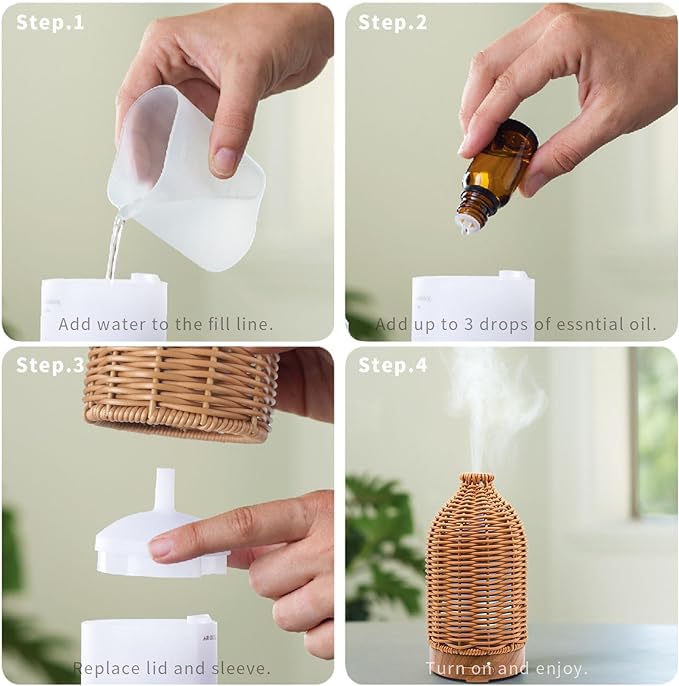 Essential Oil Diffuser - Multifunction Aromatherapy Diffuser 7 LED Color Changing Light 100ML Rattan Diffuser Easy to Clean Suitable for Home,Office (Tan) - Image 3