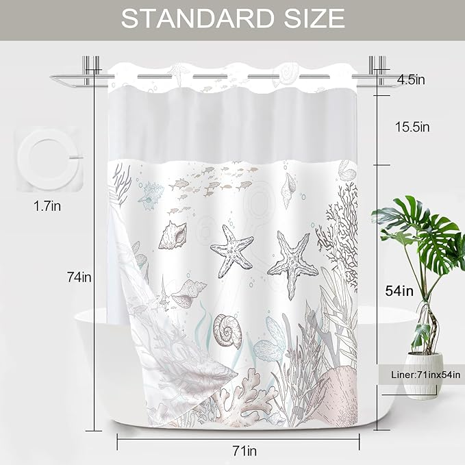 No Hook Shower Curtain with Snap in Liner, Beach Ocean Nautical Coastal Shower Curtains and Liner Set for Bathroom, Seashell Hotel Fabric Bath Curtain, Waterproof Washable, Brown 71" x 74" - Image 7