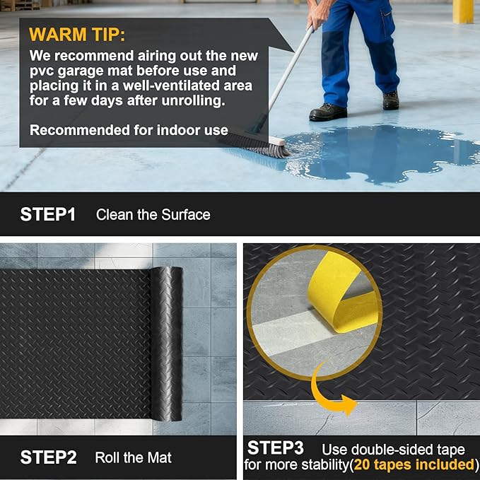 10x25 FT Garage Floor Mat, 2.8mm Thickened Flooring Roll for Under Car Diamond Plate PVC Rubber Mat with 20 Pcs Tapes, Non-Slip Floor Mat for Garage, Warehouse, Gyms, Trailer, Black - Image 9
