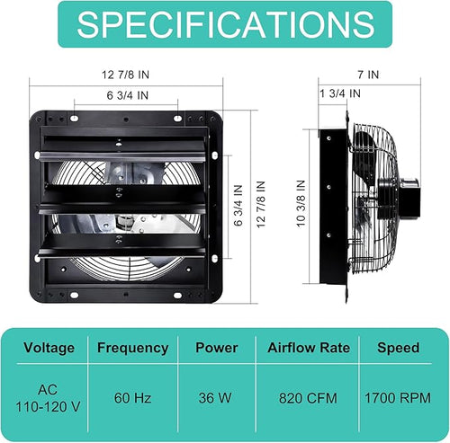 10 Inch Shutter Exhaust Fan for Greenhouse, Shed, Garage, Barn, Chicken Coop Ventilation, Wall Mount Attic Fan with Speed Controller and Power Cord, 820 CFM, Black - Image 2