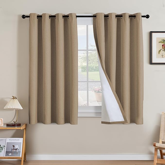 H.VERSAILTEX Linen Curtains 100% Blackout Curtains for Bedroom 54 inch Long Full Light Blocking Nature Linen Blended Window Curtains for Living Room Nickel Grommet (2 Panels, Heathered Macchiato) by HVERSAILTEX