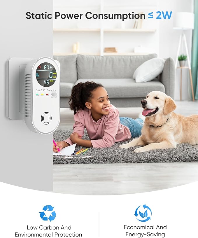 Carbon Monoxide Detectors and Natural Gas Detector, 4-in-1 Carbon Monoxide Detectors Plug in, Gas Leak Detector with Dual Alarms, Temperature & Humidity Sensor for Home, RV, White, 2 Pack - Image 3