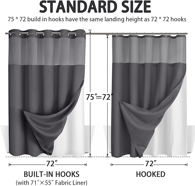 No Hook Shower Curtain and Liner Set,Dark Grey Hotel Waffle Shower Curtain with Liner 75" L x 72" W - Image 6