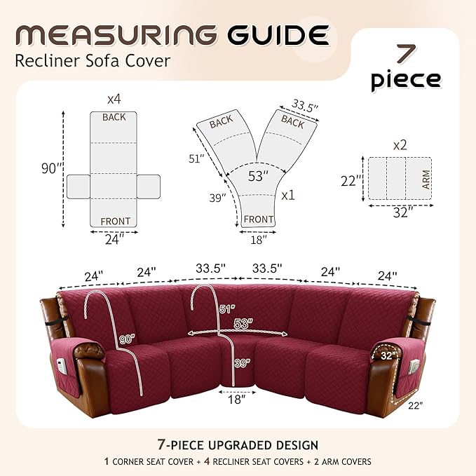 Arfntevss Waterproof Recliner Sectional Couch Covers for Reclining Sectional L Shape Sofa Cover Non Slip Washable Recliner L Shaped Slipcover Sets for Dog Furniture Protector (5 Seater, Wine Red) - Image 5