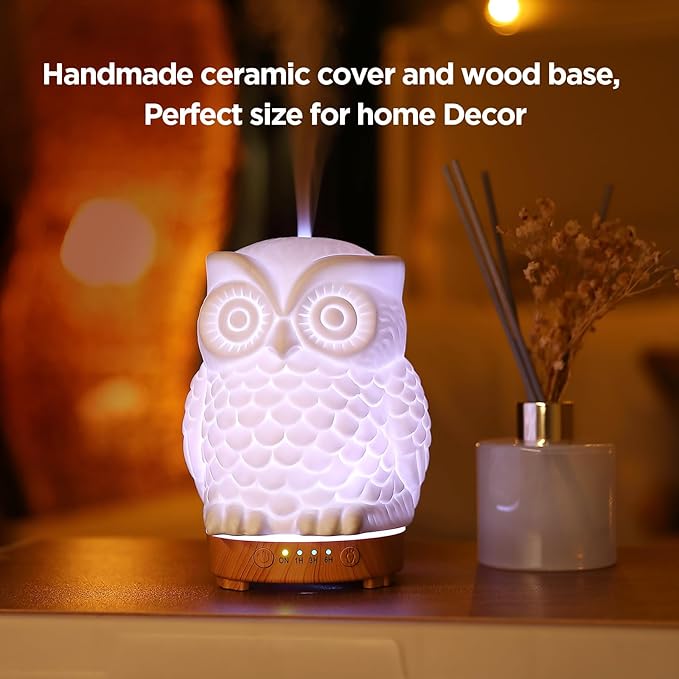 Owl Ceramic Aromatherapy Diffuser INRORANS 160ml Stone ultrasonic Cool Mist Scent Essential Oil Diffuser Humidifier with Intermittent Mist & LED 7 Colors Changing Night Light for Bedroom Office Home - Image 6