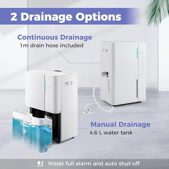 COSTWAY 96 Pints Dehumidifier for Basement, 8000 Sq.Ft Dehumidifier with 24H Timer, 3-Color Indicator, 1.2 Gallon Water Tank, Drain Hose & Wheels for Bathroom, Bedroom - Image 8