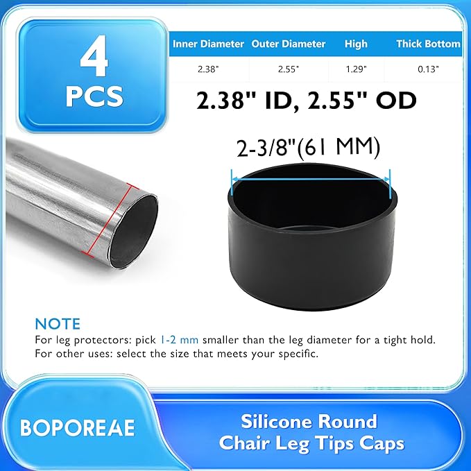 4 Pcs 2-3/8"(61 mm) Round Chair Leg Tips Caps, Silicone Rubber Furniture Leg Floor Protectors, Reduce Noise Folding Metal Chair Leg Cap Replacement for Bar Stool Leg Patio Indoor, Black - Image 9