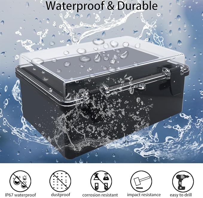 Junction Box, Hinged Black Clear Cover IP67 Waterproof ABS Project Box with Mounting Plate Electrical Box Enclosure with Wall Bracket 10.2 x 6.3 x 4.3inch(260x160x110mm) - Image 2