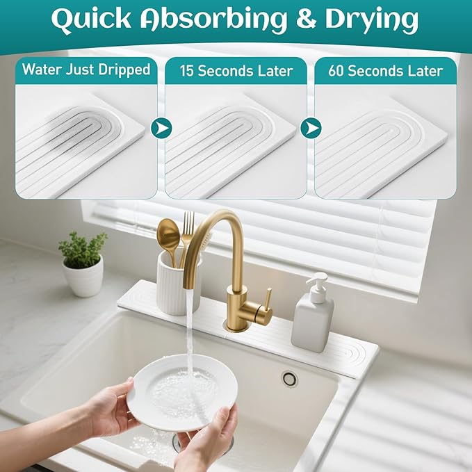 Kitchen Sink & Bathroom Faucet Mat, Diatomite Stone Splash Guard & Sink Protector, Super Absorbent Splash Guard to Prevent Water Drips & Moisture, Non-Slip Bathroom Counter Mat (Deep Grey, 23.6 x 4) - Image 3