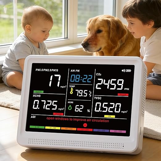 16 in 1 Air Quality Monitor Indoor 10h Battery & 5.5" Display 9 AQI+7 AQI Alerts, CO2 Monitor Air Quality Tester for CO2, TVOC, PM2.5 PM1.0 PM10, HCHO Temperature Humidity AQI & Time Air Quality Meter by YNAK