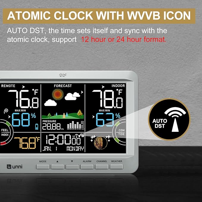 Weather Station Indoor Outdoor Thermometer Wireless, Home Atomic Clock with Large Constant Display, Inside Outside Temperature Humidity Monitor, Dew Heat Point, Barometer Grey - Image 5