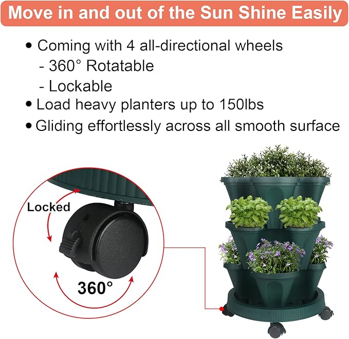 GameXcel Vertical Planter 3 Tier Stackable Planters Garden Planters Strawberry Herb Flower and Vegetable Planter Indoor Outdoor Gardening Pots with Removable Wheels and Tools - Image 6