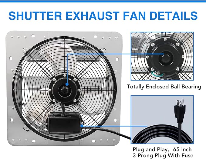 KEN BROWN 14 Inch Shutter Exhaust Fan, Gable Vent Fan, Wall Mount Ventilation, High Speed 1950 CFM, Automatic Aluminum Blades, for Garages, Shop, Greenhouse, Attic, with Power Cord - Image 4