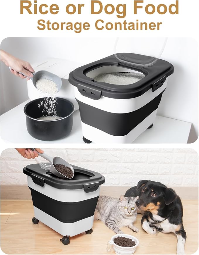 20-30 Lbs Rice Storage Container,Collapsible Food Storage Containers with Rolling Wheel Airtight Locking Lid,Flour Storage Container with Cup and Scoop,Suitable for Food,Rice,Pet Food,Flour - Image 6
