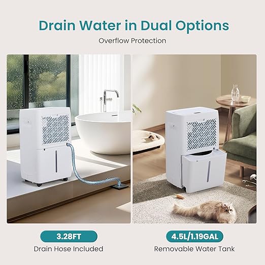 NEWBULIG 50Pints Dehumidifier with Drain Hose, 3,500 Sq.Ft Dehumidifier for Basement, 1.19 Gallon Tank, Low 41dB, Airflow Swing, Ideal Whole House Humidity Remover for Home, Bedroom & Bathroom - Image 2