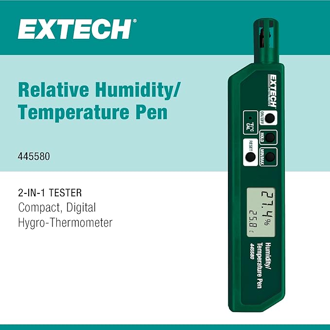 Extech 445580 Humidity and Temperature Pen with Fast Response Sensor, Min/Max Memory, Dual LCD, Pocket-Sized Hygrometer for HVAC, Labs, Storage Rooms, Indoor Air Monitoring - Image 2