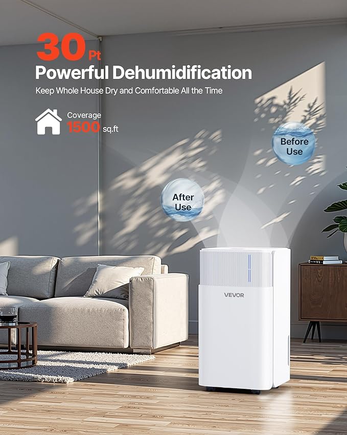 VEVOR 30 Pints Dehumidifier for Home & Basement, 1500 Sq.Ft Large CoverageDrain Hose for Commercial & Industrial Use, Smart Humidity Control, Low Noise for Large Rooms, Warehouses, Bedrooms & Storage - Image 2