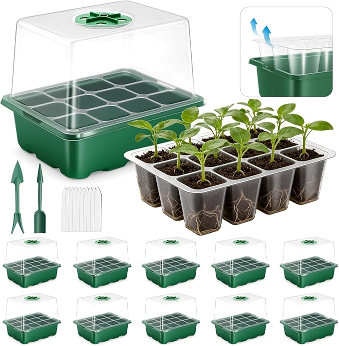 joyhalo 10 Packs Seed Starter Tray with Extra-Tall Humidity Dome 120 Cells Total, Thicken Seed Starter Kit, Greenhouse Germination Kit, Indoor Gardening Plant Trays for Seeds Growing by Joyhalo