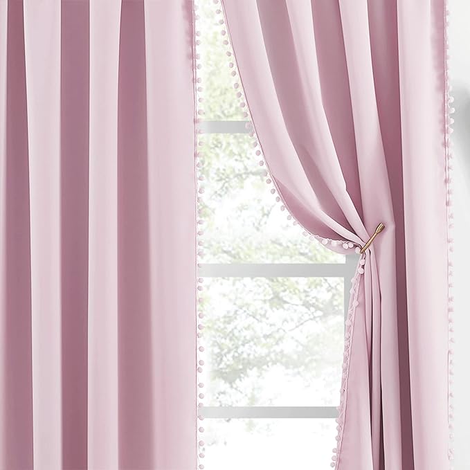NICETOWN Pom Pom Blackout Curtains for Girls Bedroom Boho Pink Window Curtains for Nursery Rod Pocket Thermal Insulated Living Room Darkening Curtain Panels for Play Room, 52" W x 84" L, 2 Panels - Image 8