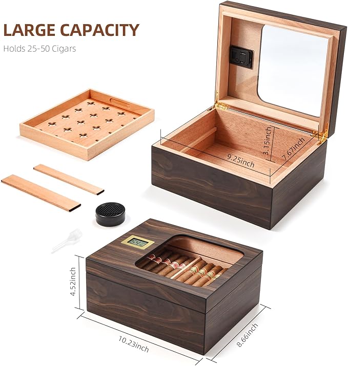 Cigar Humidor, Modern Glass Top Cedar Humidor Cigar Box with Digital Hygrometer, Humidifier, Handcrafted Cedar Wood Tray and Divider, Cigar Case Holds 25-50 Cigars, Cigar Accessories for Men - Image 3