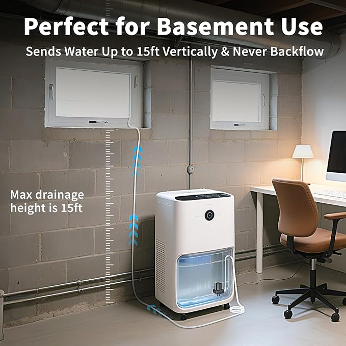 Upgraded Smart Automatic Small Water Pump for Dehumidifier, 15FT Drain Lift, Large Volume, Low Noise, Perfect for Basement Use, Compatible with Most Portable Dehumidifiers - Image 3