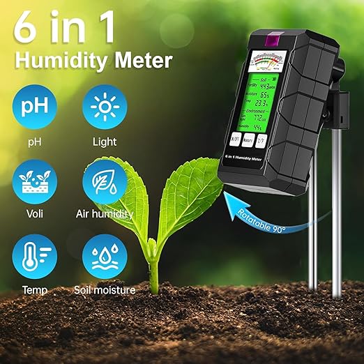 6-in-1 Soil Moisture Meter, Hygrometer for Plants with Soil Moisture, PH Meter, Temperature, Sunlight, Fertility, Environmental for Farming, Gardening (2*AAA Battery Needed) - Image 2