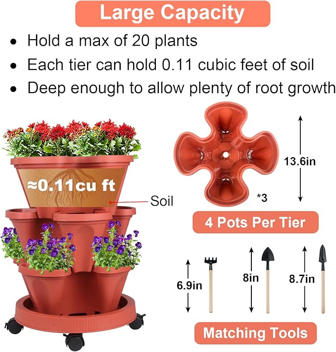 GameXcel Vertical Planter 3 Tier Stackable Planters Garden Planters Strawberry Herb Flower and Vegetable Planter Indoor Outdoor Gardening Pots with Removable Wheels and Tools - Image 5