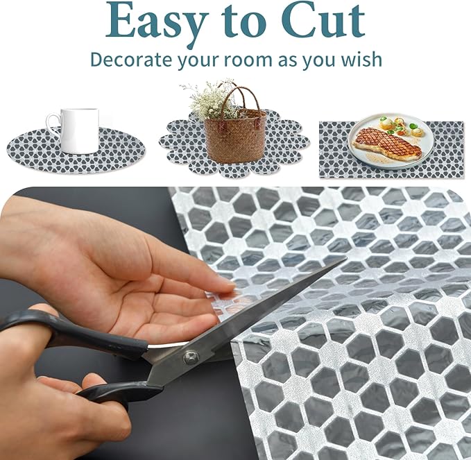 Drawer and Shelf Liner for Kitchen Cabinet: 17 in X 20 Ft Non Slip Waterproof Shelf Paper Non Adhesive Refrigerator Liners Silver Square Easy Liners for Bathroom with Knife Tape Measure - Image 6