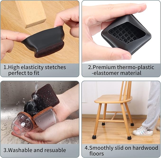 Ezprotekt 8 Pcs Extra Large Square Chair Leg Floor Protectors, Silicone Felt Furniture Pads for Hardwood Floor, Dining Table Bar Stool Leg Protectors Leg Cups Covers (XL Fit: 1.5" - 2", Black) - Image 9