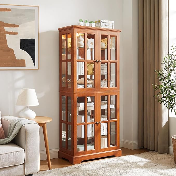 Lighted Glass Curio Cabinet with Lights & Adjustable Shelves,Curio Display Cabinet with Wood Frame & Glass Door,Corner Antique Display Case for Kitchen,Living Room,Office - Image 2