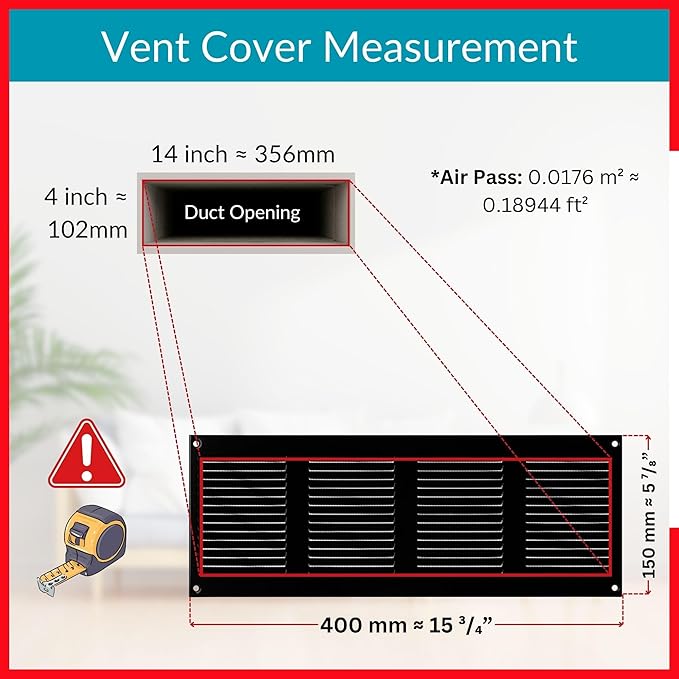 14x4 Vent Cover (Duct Opening) - Black HVAC Return Air Grille for Wall and Ceiling - Metal AC Vent Cover with Mesh - Rectangular Ventilation Register - External Dimensions: 15.75" W x 5.91" H - Image 6
