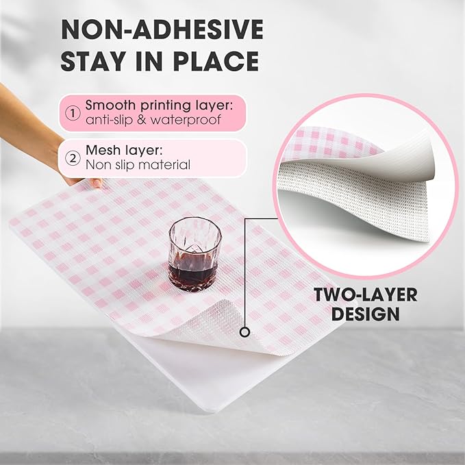 Drawer and Shelf Liner, Non-Slip Kitchen Cabinet Liners Non-Adhesive Thick Strong Grip Waterproof Washable Mats Protect Dresser Shelves Cupboard Bathroom Cabinets, Pink Plaid, 18 in X 10 FT - Image 2