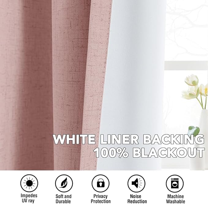 H.VERSAILTEX Linen Curtains 100% Blackout Curtains for Bedroom 54 inch Long Full Light Blocking Nature Linen Blended Window Curtains for Living Room Nickel Grommet (2 Panels, Heathered Baby Pink) - Image 6