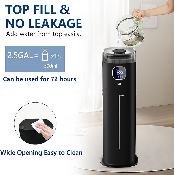 KZF Large Humidifier for Bedroom, 9L/2.5Gallon Ultrasonic Cool Mist Humidifier with Humidistat, 360°Nozzle, 350ML/H Big Mist Level, Suitable for Kids Room Livingroom Yoga Office Plant - Image 3