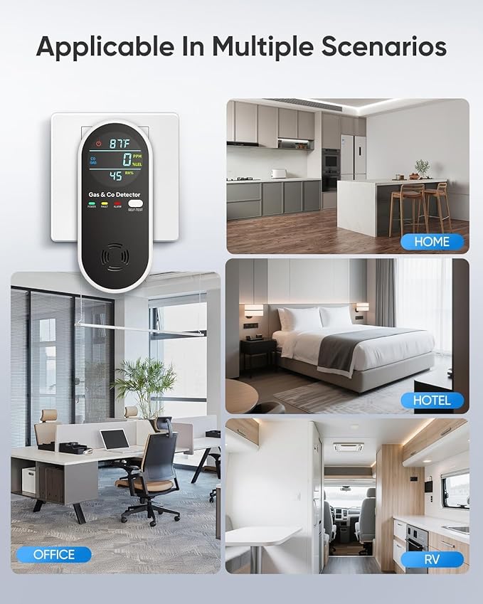 Carbon Monoxide Detectors & Natural Gas Detector, 4-in-1 Carbon Monoxide Detectors Plug in, Gas Leak Detector with Dual Alarms, Temperature & Humidity Sensor for Home, RV, Black, 1 Pack - Image 6