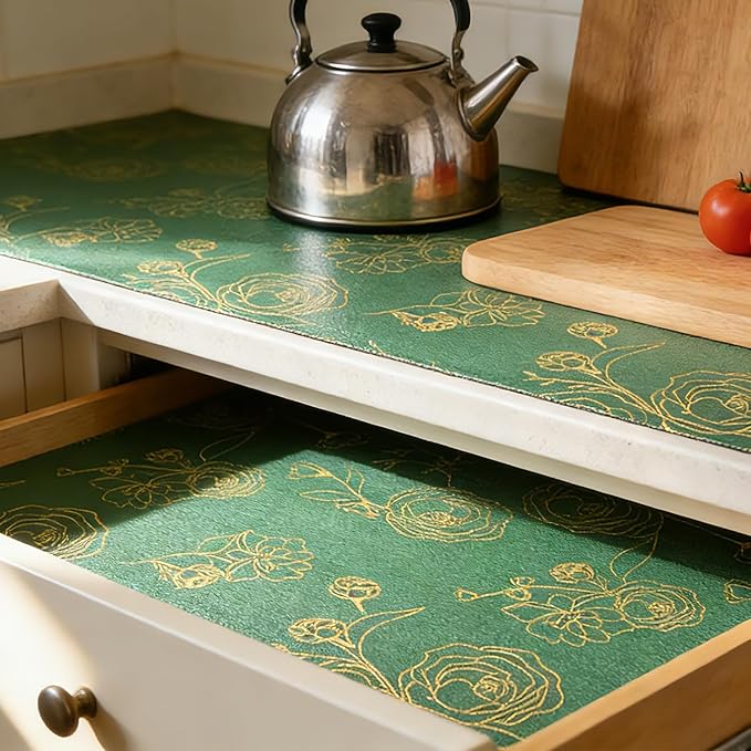 Shelf Liner for Kitchen Cabinets Drawer Liner Non-Adhesive Non-Slip Thickened Shelf Liner Paper Easy to Clean with Green Background Gold Floral Line Pattern for Tool Box Refrigerator.12×236.2 inches - Image 2