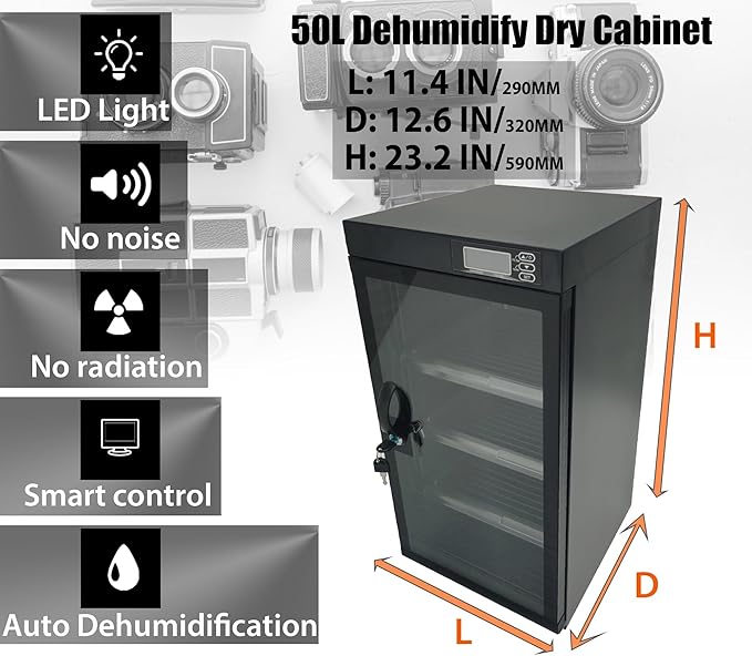 Modern Black 50L Camera Dehumidify Dry Cabinet with Lock, 4 Tiers, Low Noise, LED Digital Display - Image 2