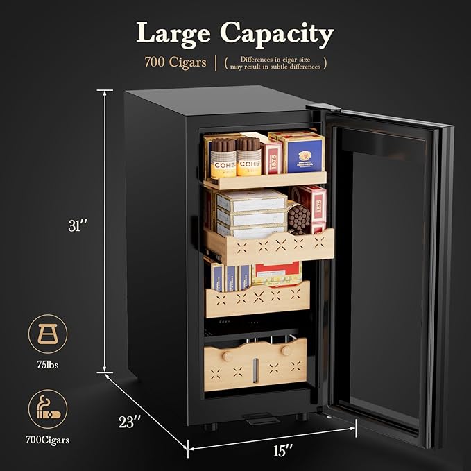 85L Electric Cigar Humidor Cabinet-700 Counts Large Capacity-Intelligent Temperature and Humidity Control-Spanish Cedar Wood Drawer-Digital LED Display-Stainless Steel Lockable Humidor, Gifts for Men - Image 2