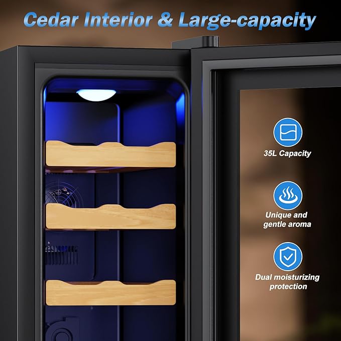 Electric Humidor-35L Cooling & Heating Humidor, Smart Touch Control Humidity & Temp Humidors wtih Spanish Cedar Wood Tray and Drawer, Digital Display, Safety Lock, Desktop Gift for Men - Image 2