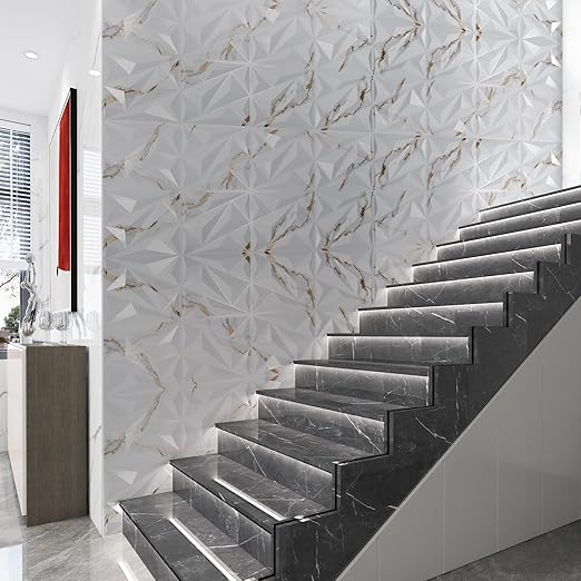 Art3dwallpanels 33 Pack 3D Wall Panel Diamond for Interior Wall Décor, PVC Textured Wall Panels, 12''x12'' Cover 32.Sq.Ft. Gold Veined White - Image 8