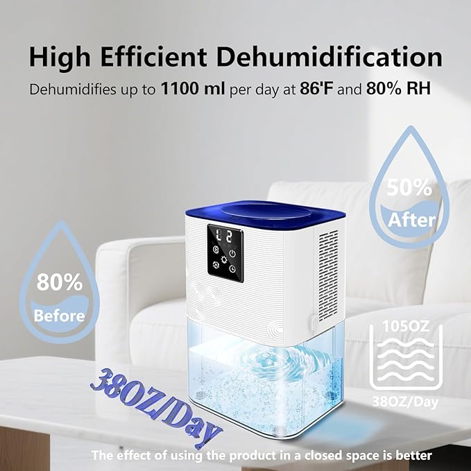 Dehumidifiers for Home,with 105 OZ Water Tank (1000 Sq Ft), Quiet Dehumidifier for Bedroom, Basement, Bathroom, with Auto Shut Off, 7 Colors LED Light (White) - Image 3