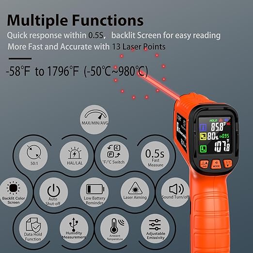 Laser Thermometer -58°F to 1796°F, Dual-Mode Infrared Thermometer Temperature Gun with K-Type Thermocouple, IR Thermometer Gun for Reptiles, Cooking, Griddle, Oven, 16:1 Home Handheld Temp Guns - Image 3