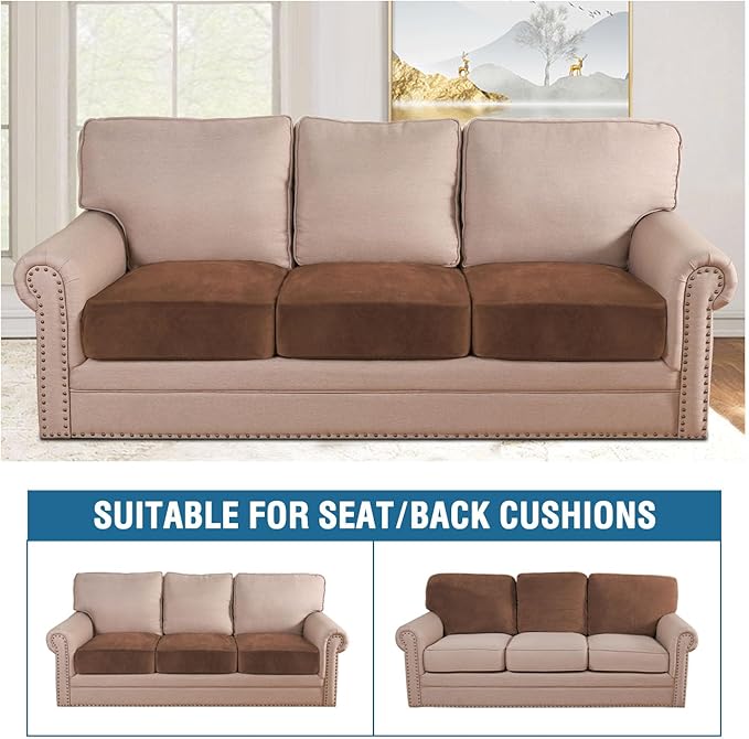 H.VERSAILTEX Velvet Stretch Couch Cushion Cover Plush Cushion Slipcover for Sofa Cushion Furniture Protector Seat Cushion Sofa Cover (3 Piece Sofa Cushion Covers, Caramel) - Image 3