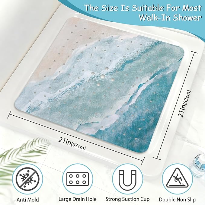 Beach Square Anti Slip Shower Mats for Inside Shower Accessories, Cute Bath Mats for Bathroom Non Slip Shower Floor Mat Sea Decor Rubber Bathmat with Suction and Drain Holes Machine Washable, 21″X21″ - Image 2