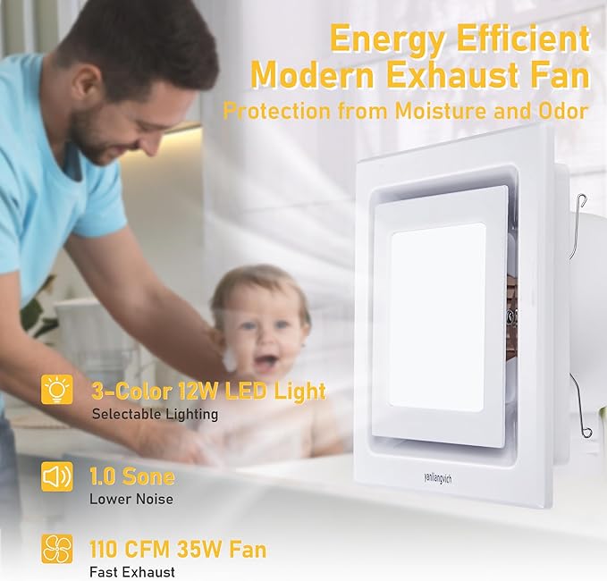 Bathroom Exhaust Fan with Light, 8-Inch Bath Fan with Light For Home, 3000K/4500K/6000K Selectable, 110 CFM Bathroom Ventilation Fan, 1.0 Sones Ultra-Quiet Exhaust Fans for Ceiling Mount - Image 7