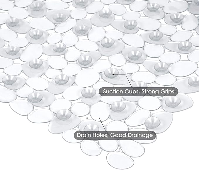 WELTRXE Non Slip Bath Mat Pebbles Bathtub Mat with Suction Cups, Drain Holes for Bathroom Showers, Tub, 35 x 16 Inches Machine Washable Bathroom Mats BPA, Latex Free Safe Shower Mats - Clear - Image 2