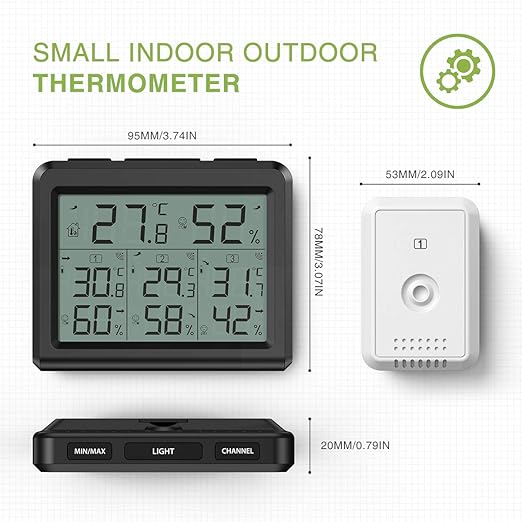 KeeKit Indoor Outdoor Thermometer, Temperature Humidity Monitor with 3 Wireless Sensors, Hygrometer Meter Gauge with LCD Backlight, Min/Max Record for Home, Office, Restaurants, Bars – Black - Image 6